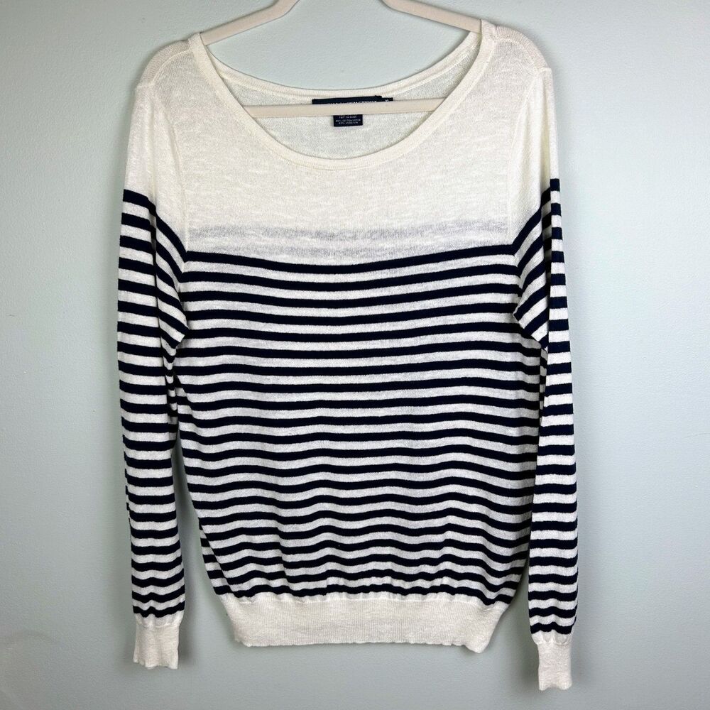 Ralph Lauren Sport Black & Cream Striped Knit Sweater Cotton Linen Classic sz XL